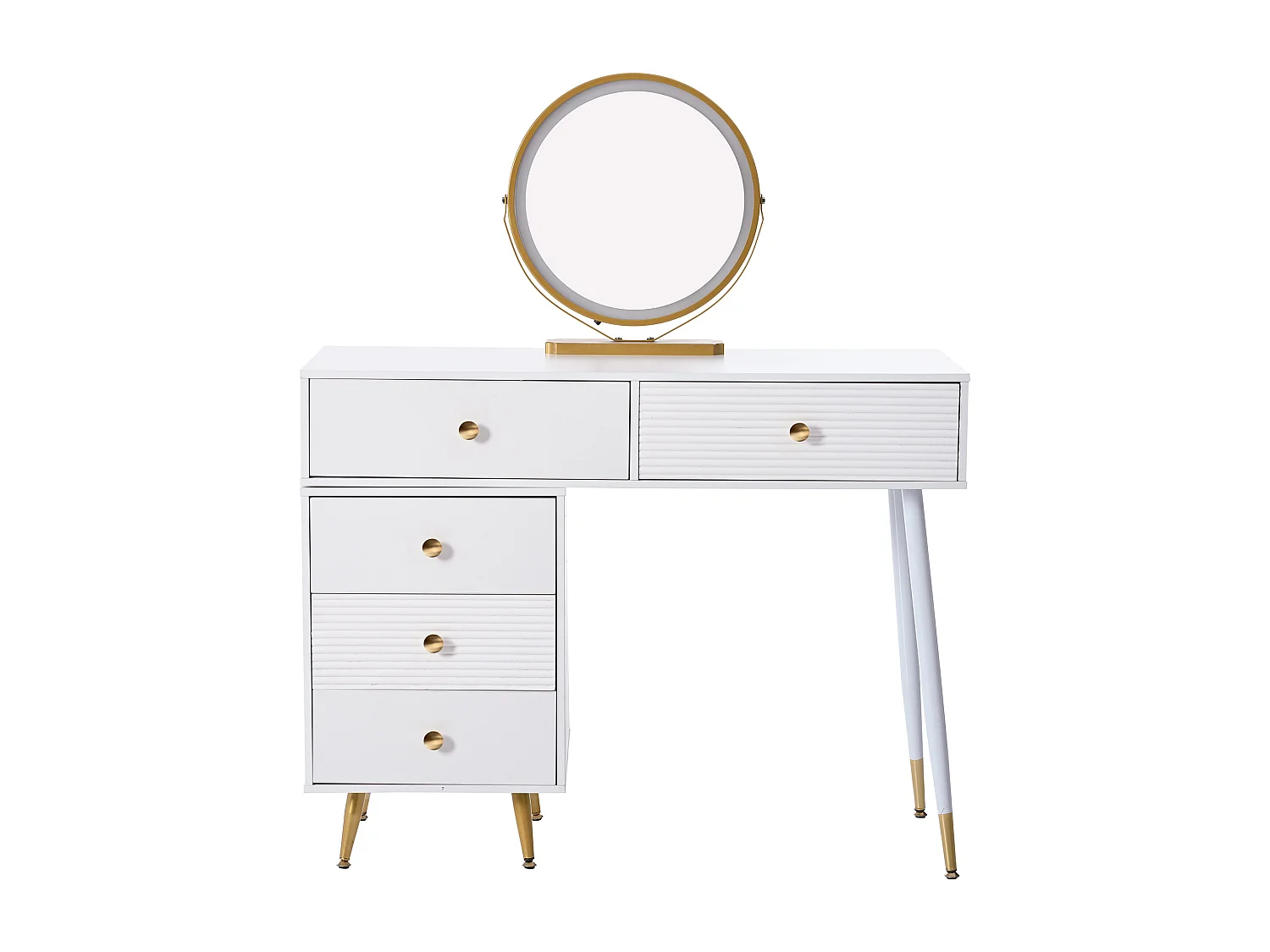 Coiffeuse avec miroir et 5 tiroirs - 100 x 40 x 78 cm - Panneau de particules - LEDs -  Blanc (sans tabouret)