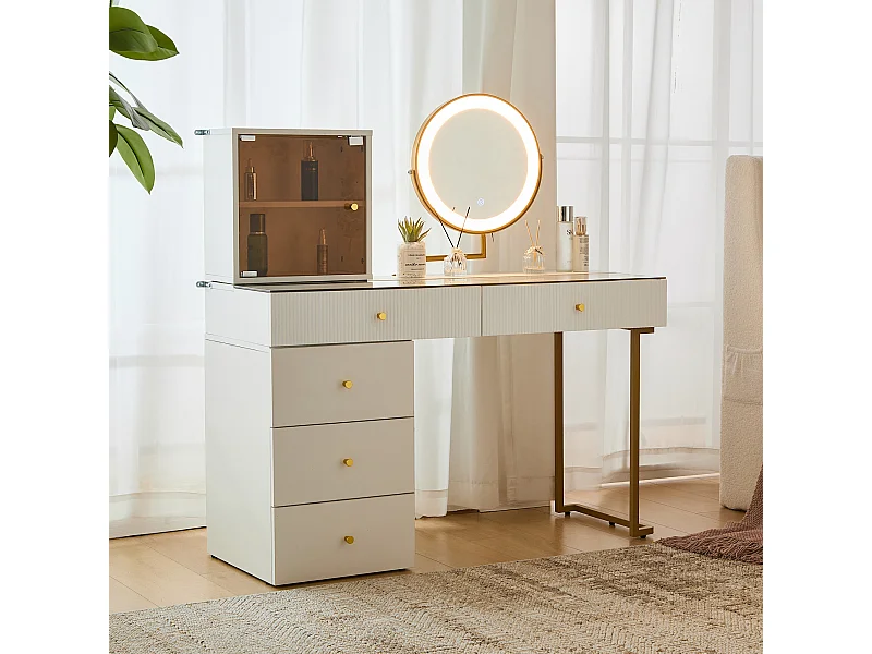 Coiffeuse avec miroir, 5 tiroirs et une porte en verre - 120 x 45 x 115 cm - Panneau de particules - LEDs -  Blanc (sans tabouret)