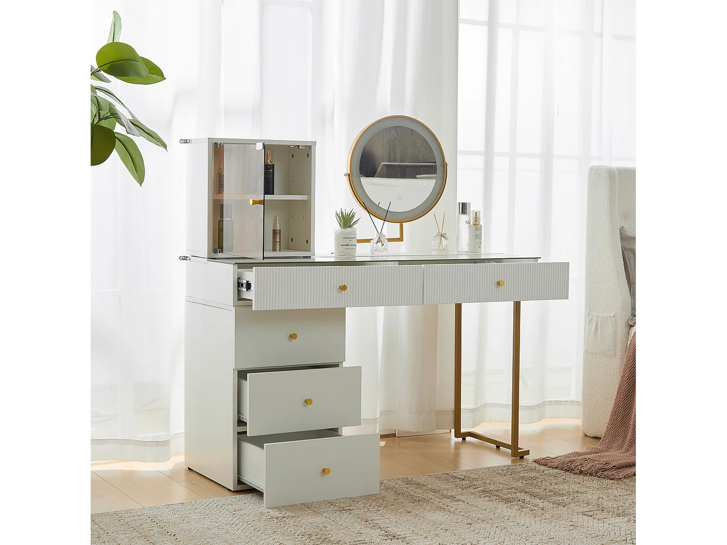 Coiffeuse avec miroir, 5 tiroirs et une porte en verre - 120 x 45 x 115 cm - Panneau de particules - LEDs -  Blanc (sans tabouret)