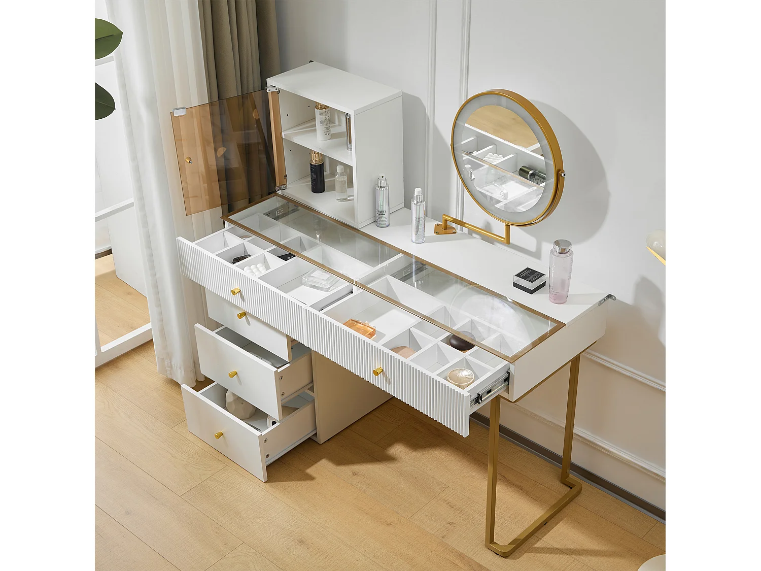 Coiffeuse avec miroir, 5 tiroirs et une porte en verre - 120 x 45 x 115 cm - Panneau de particules - LEDs -  Blanc (sans tabouret)