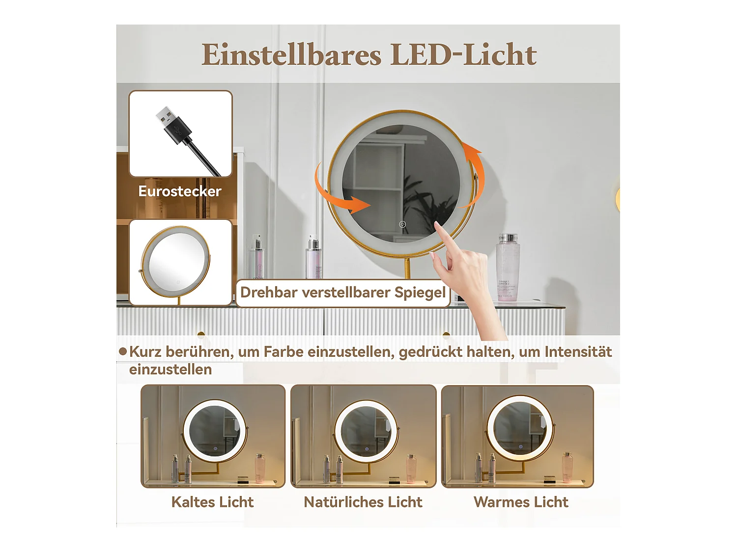 Coiffeuse avec miroir, 5 tiroirs et une porte en verre - 120 x 45 x 115 cm - Panneau de particules - LEDs -  Blanc (sans tabouret)