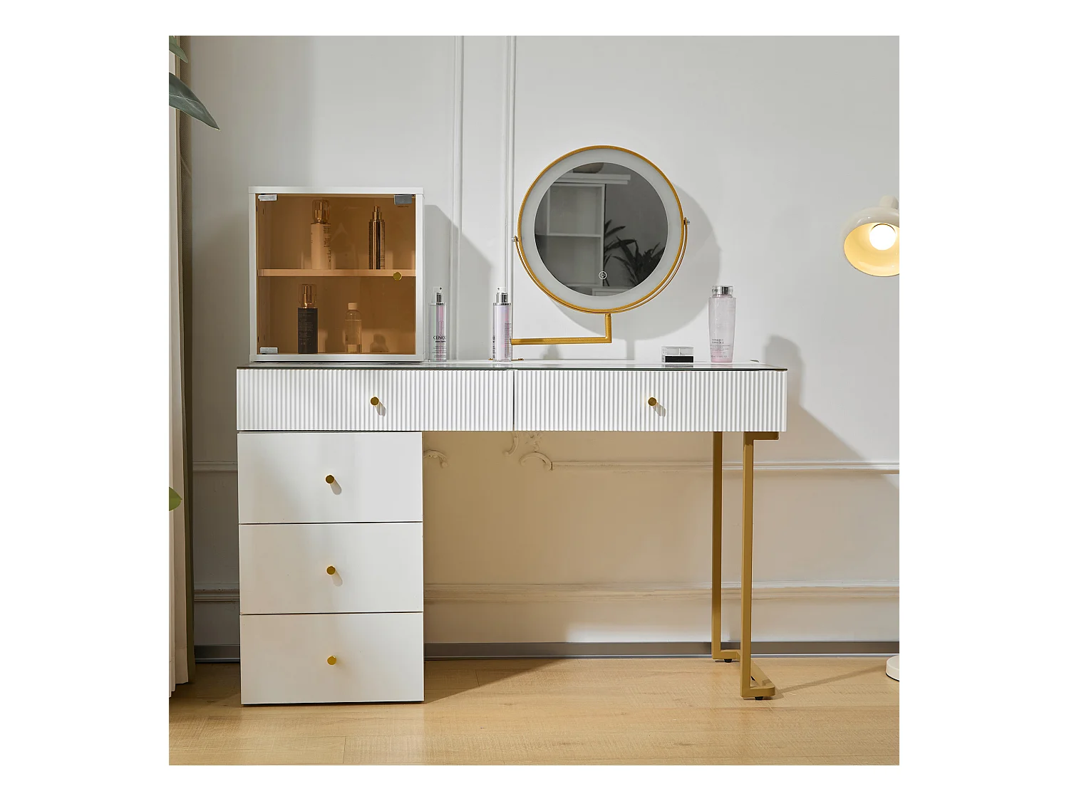 Coiffeuse avec miroir, 5 tiroirs et une porte en verre - 120 x 45 x 115 cm - Panneau de particules - LEDs -  Blanc (sans tabouret)