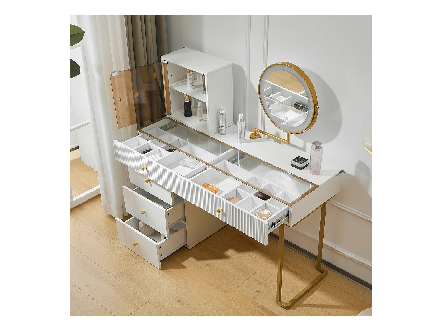 Coiffeuse avec miroir, 5 tiroirs et une porte en verre - 120 x 45 x 115 cm - Panneau de particules - LEDs -  Blanc (sans tabouret)