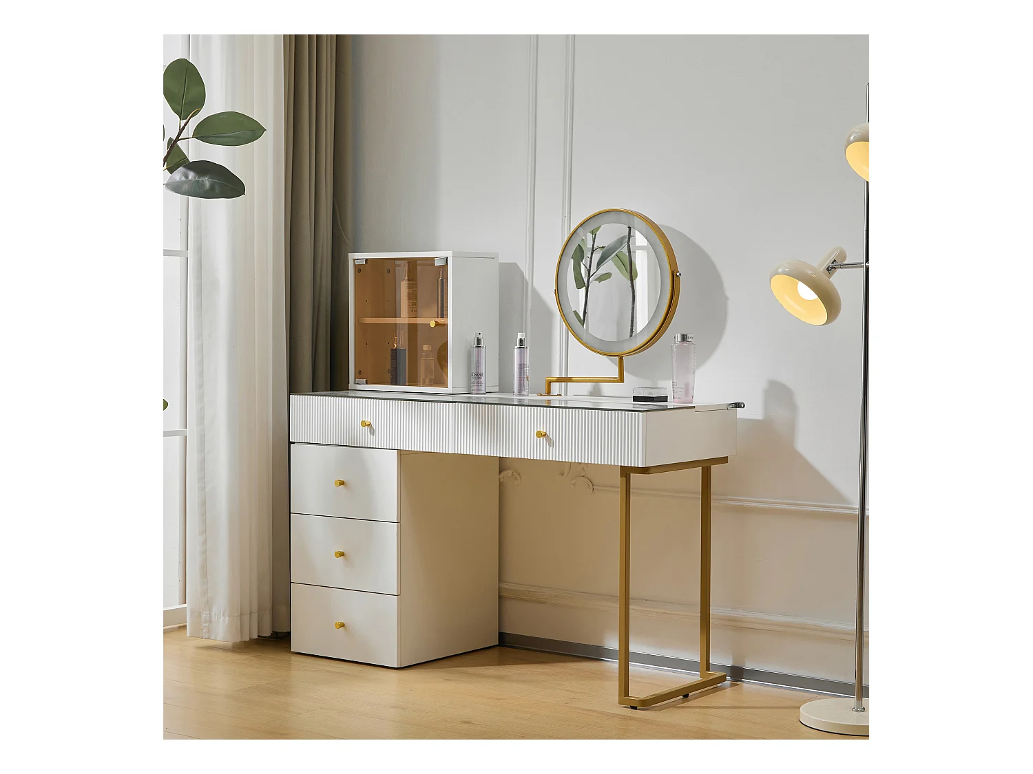 Coiffeuse avec miroir, 5 tiroirs et une porte en verre - 120 x 45 x 115 cm - Panneau de particules - LEDs -  Blanc (sans tabouret)