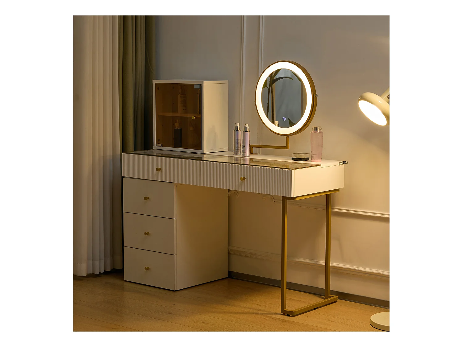 Coiffeuse avec miroir, 5 tiroirs et une porte en verre - 120 x 45 x 115 cm - Panneau de particules - LEDs -  Blanc (sans tabouret)