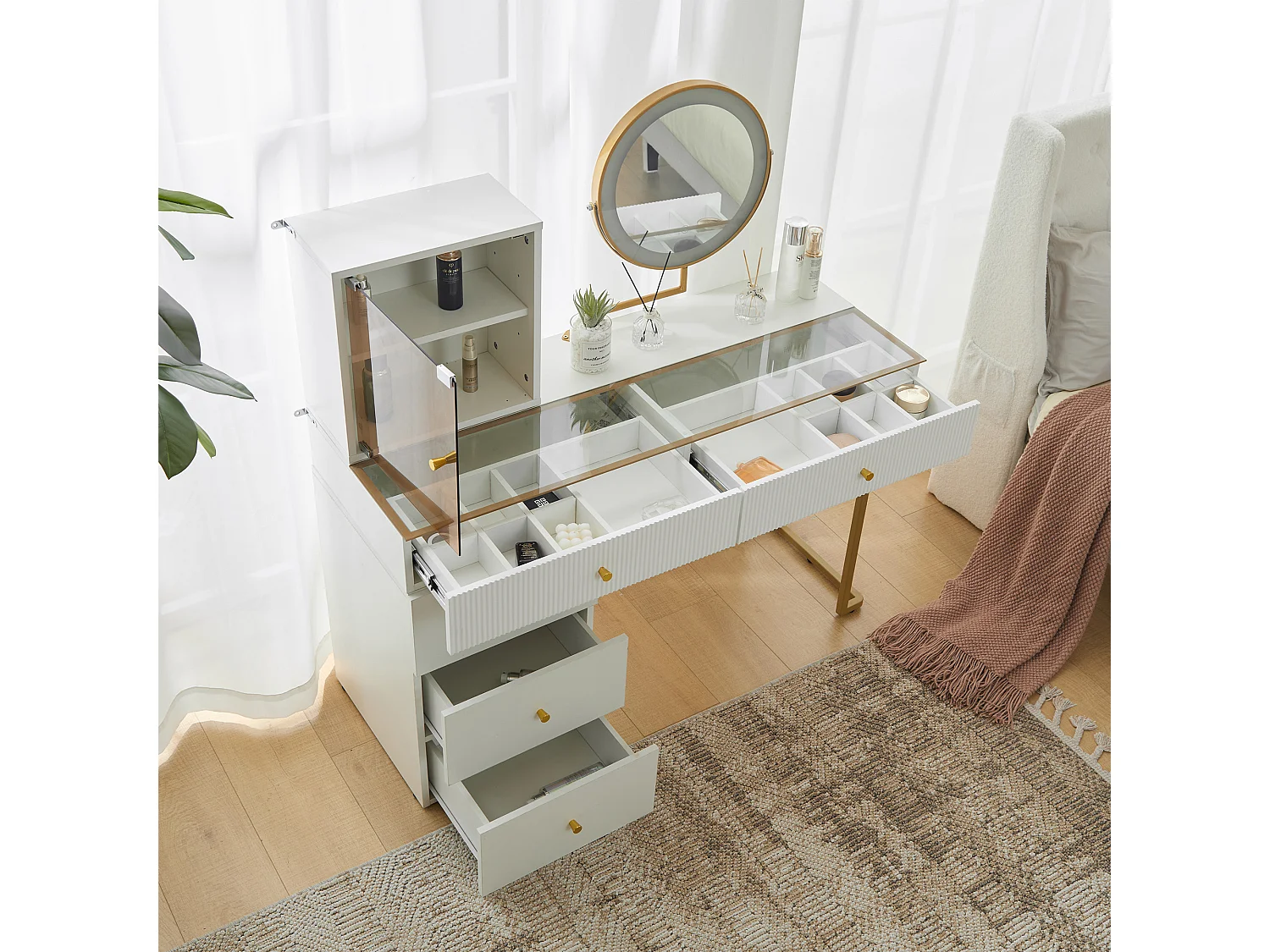 Coiffeuse avec miroir, 5 tiroirs et une porte en verre - 120 x 45 x 115 cm - Panneau de particules - LEDs -  Blanc (sans tabouret)