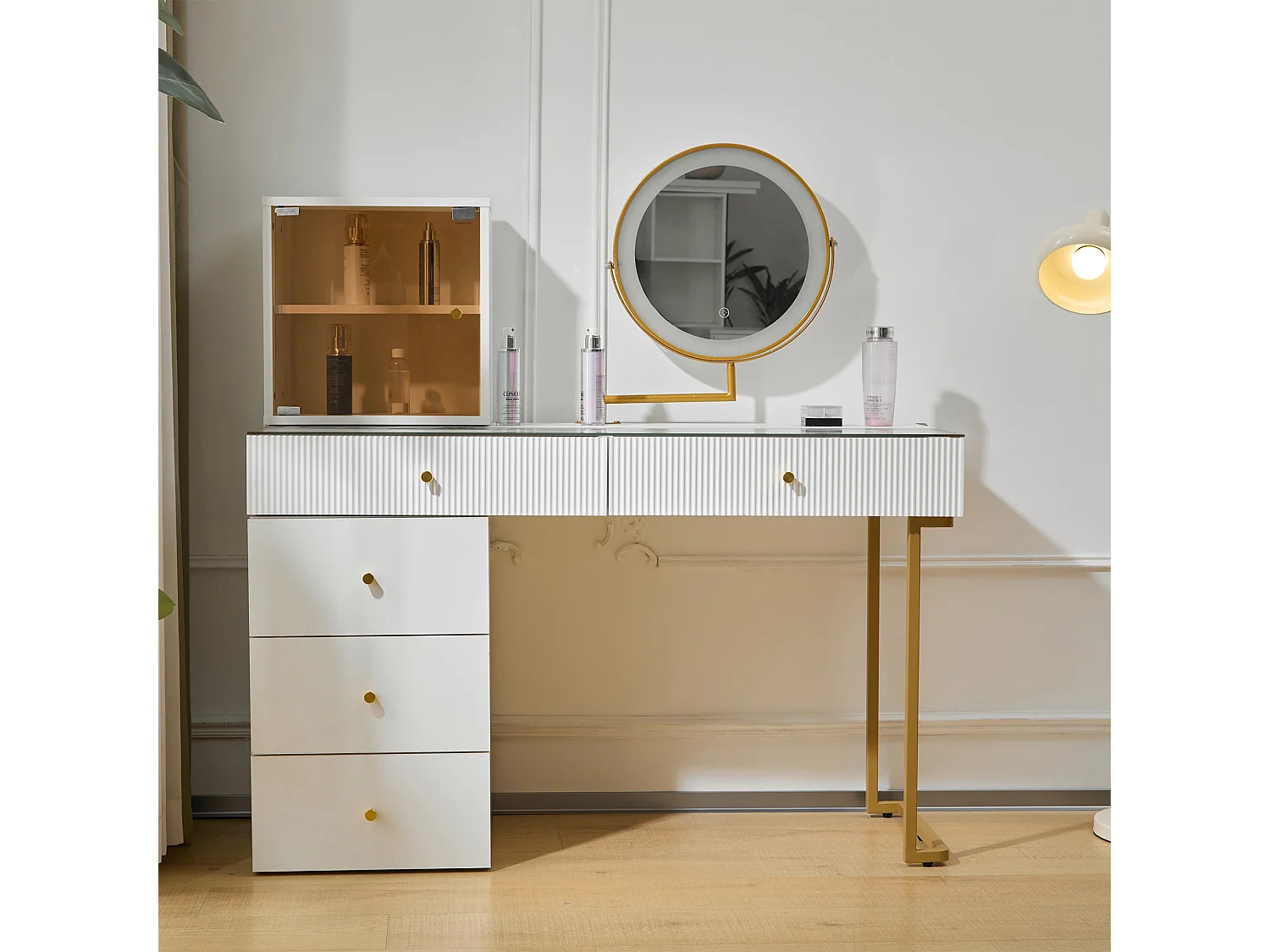 Coiffeuse avec miroir, 5 tiroirs et une porte en verre - 120 x 45 x 115 cm - Panneau de particules - LEDs -  Blanc (sans tabouret)