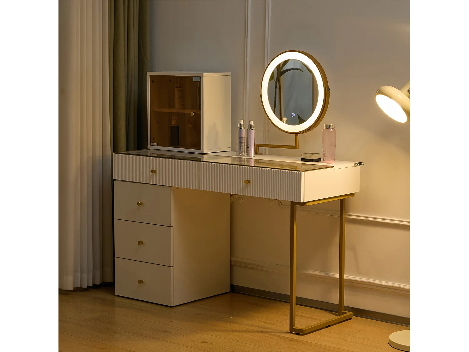 Coiffeuse avec miroir, 5 tiroirs et une porte en verre - 120 x 45 x 115 cm - Panneau de particules - LEDs -  Blanc (sans tabouret)