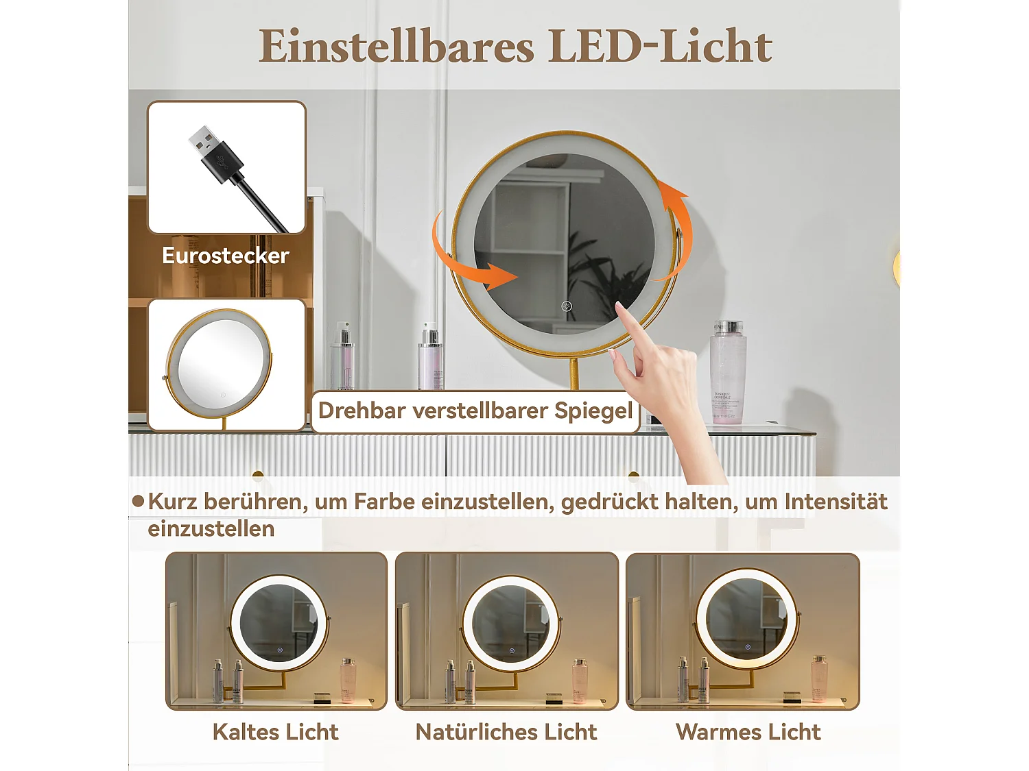 Coiffeuse avec miroir, 5 tiroirs et une porte en verre - 120 x 45 x 115 cm - Panneau de particules - LEDs -  Blanc (sans tabouret)