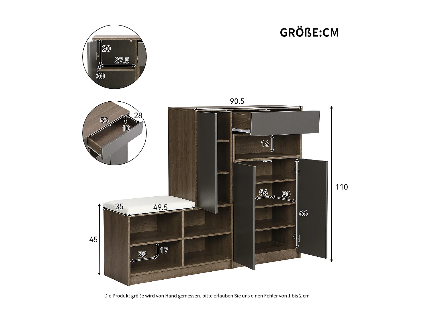 Schoenenkast + schoenenbankset met kussen - 140 x 35 x 110 cm - Spaanplaat - Zwart