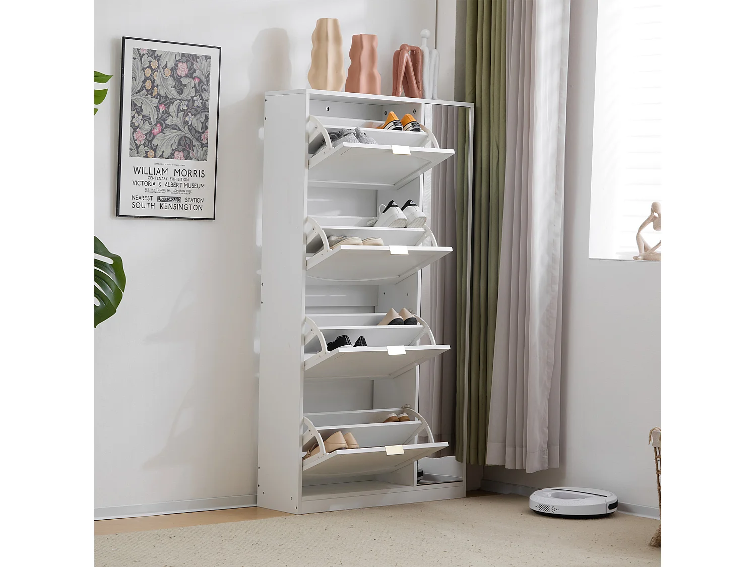 Nowoczesna szafka na buty z 4 wysuwanymi szufladami - 80 x 24 x 147 cm - Płyta wiórowa - Biała