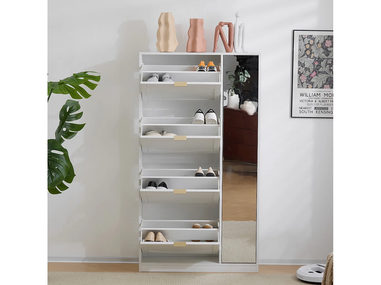 Nowoczesna szafka na buty z 4 wysuwanymi szufladami - 80 x 24 x 147 cm - Płyta wiórowa - Biała