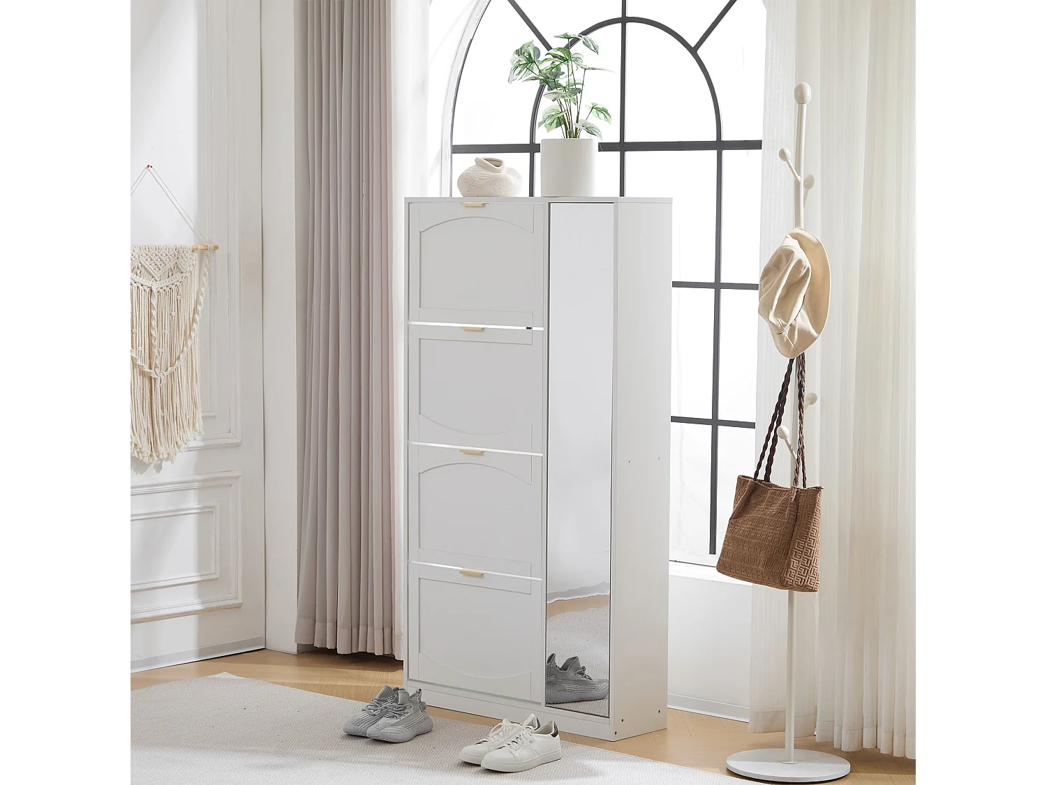 Nowoczesna szafka na buty z 4 wysuwanymi szufladami - 80 x 24 x 147 cm - Płyta wiórowa - Biała