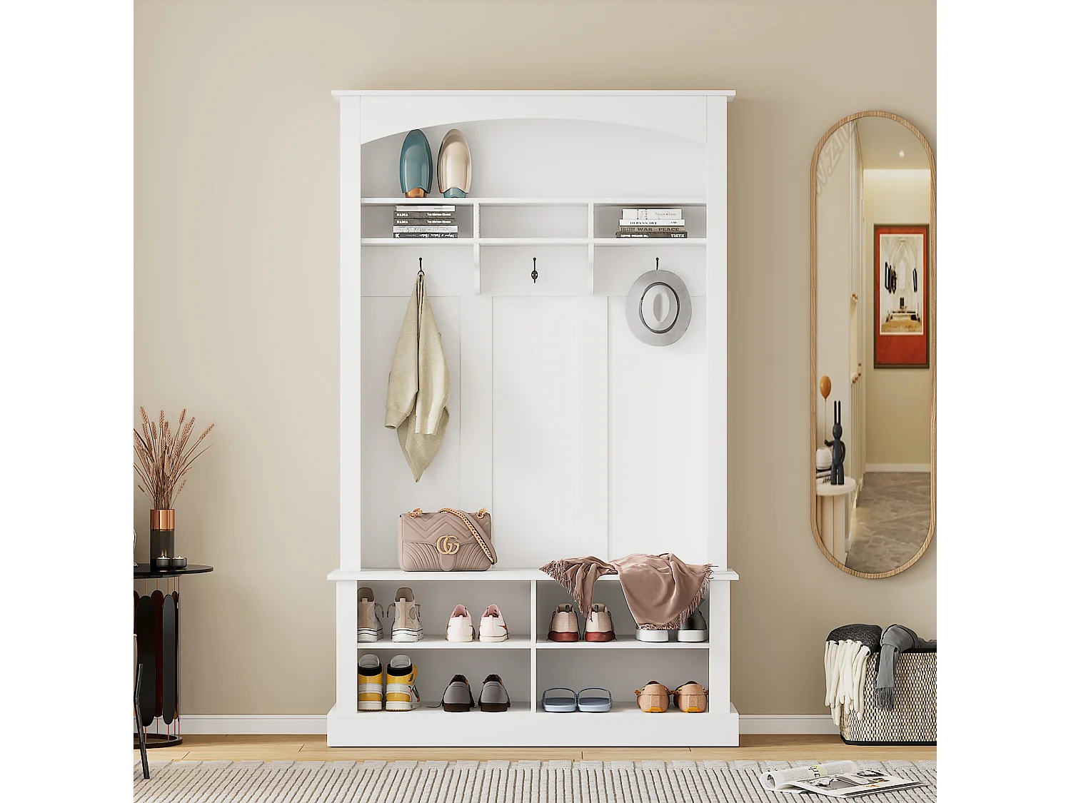 Schuhschrank mit Bank, 2 Schuhregalen und Garderobenständer – 120 x 40 x 190 cm – Spanplatte – Weiß