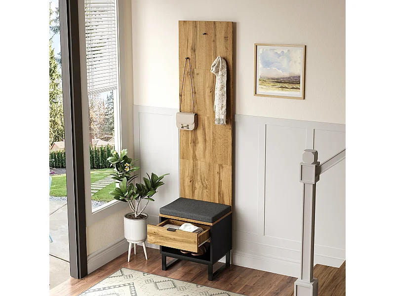 Schuhschrank mit Bank, 1 Schublade und Garderobe – MDF-Holz – Natur