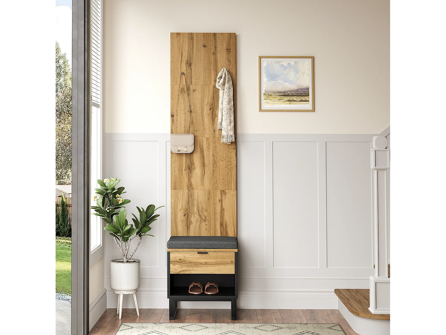 Meuble à chaussures avec banc, 1 tiroir et porte-manteau - Bois MDF - Naturel