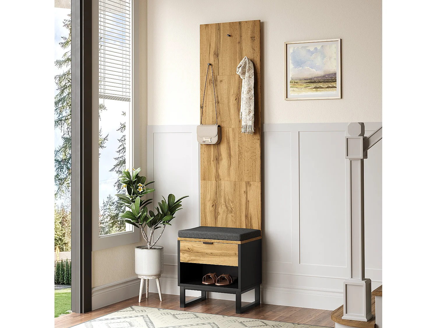 Schoenenkast met bank, 1 lade en kapstok - MDF hout - Naturel