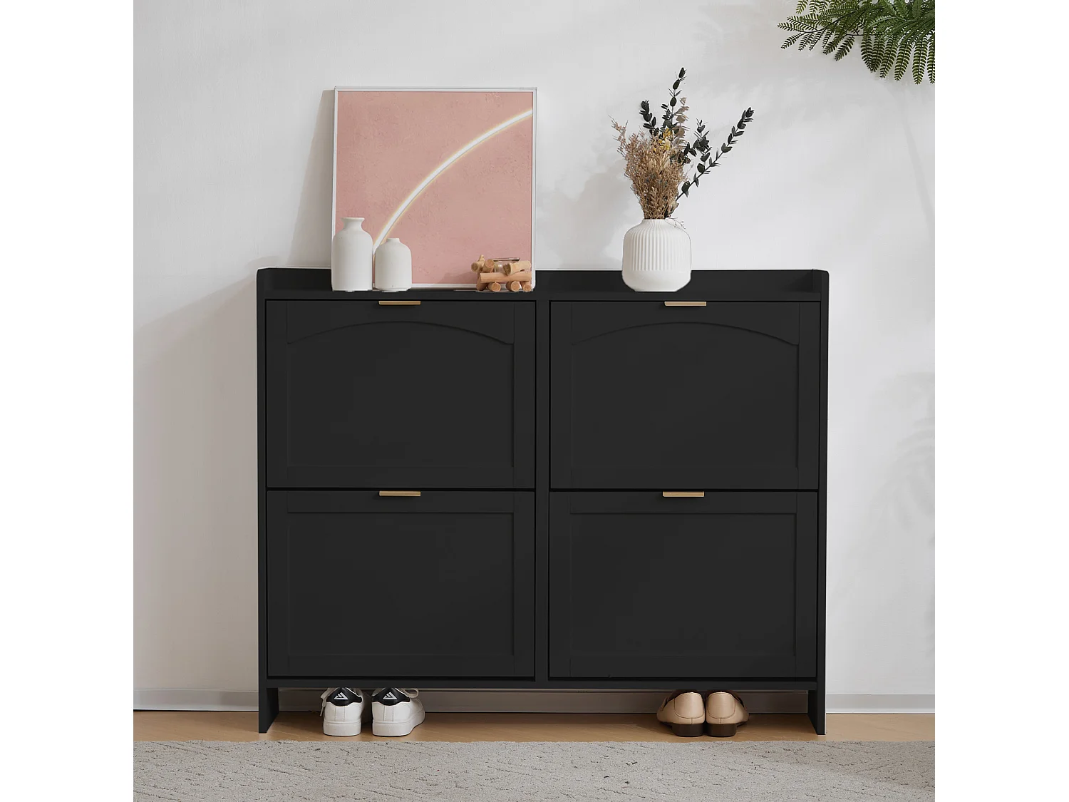 Meuble à chaussures moderne avec 4 tiroirs  abattants - 110 x 34 x 90 cm - Panneau de particules - Noir