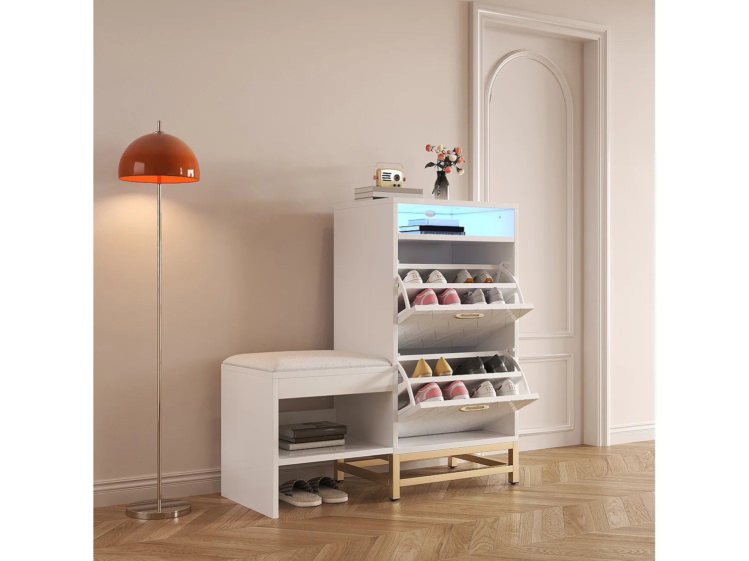 Ławka na buty z 2 wysuwanymi szufladami i 2 wnękami do przechowywania - diody LED - płyta wiórowa - biała