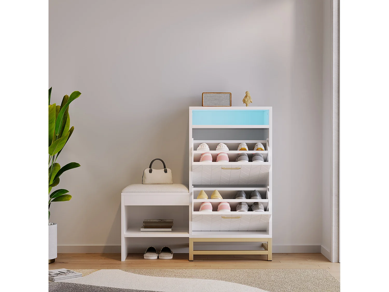 Ławka na buty z 2 wysuwanymi szufladami i 2 wnękami do przechowywania - diody LED - płyta wiórowa - biała