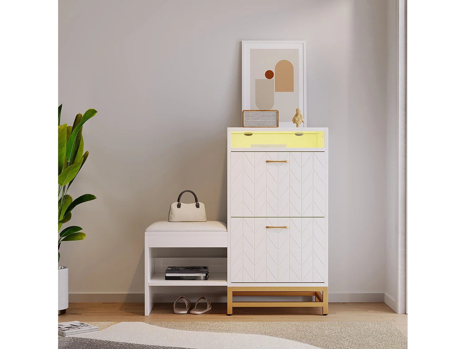 Ławka na buty z 2 wysuwanymi szufladami i 2 wnękami do przechowywania - diody LED - płyta wiórowa - biała