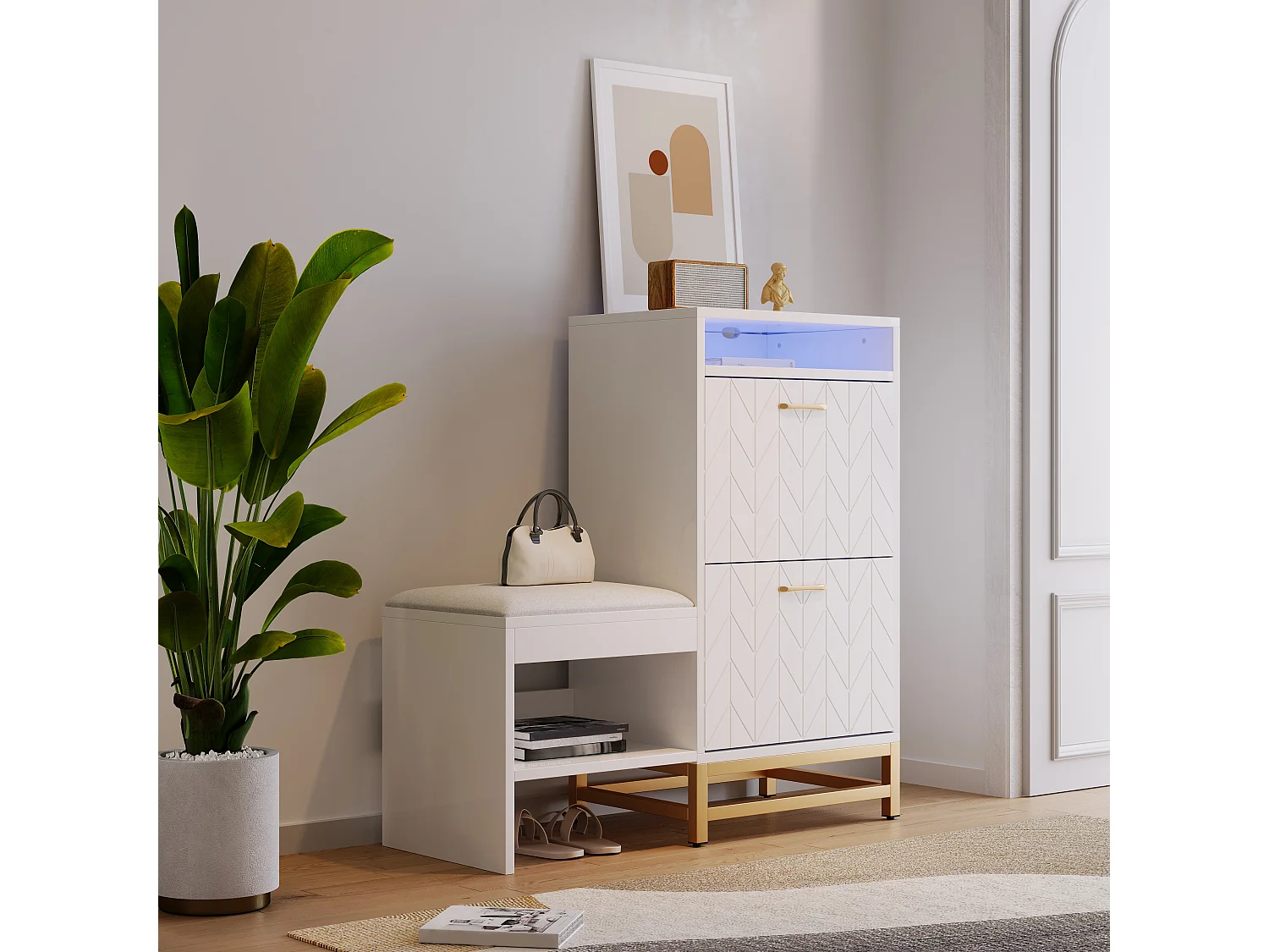 Ławka na buty z 2 wysuwanymi szufladami i 2 wnękami do przechowywania - diody LED - płyta wiórowa - biała