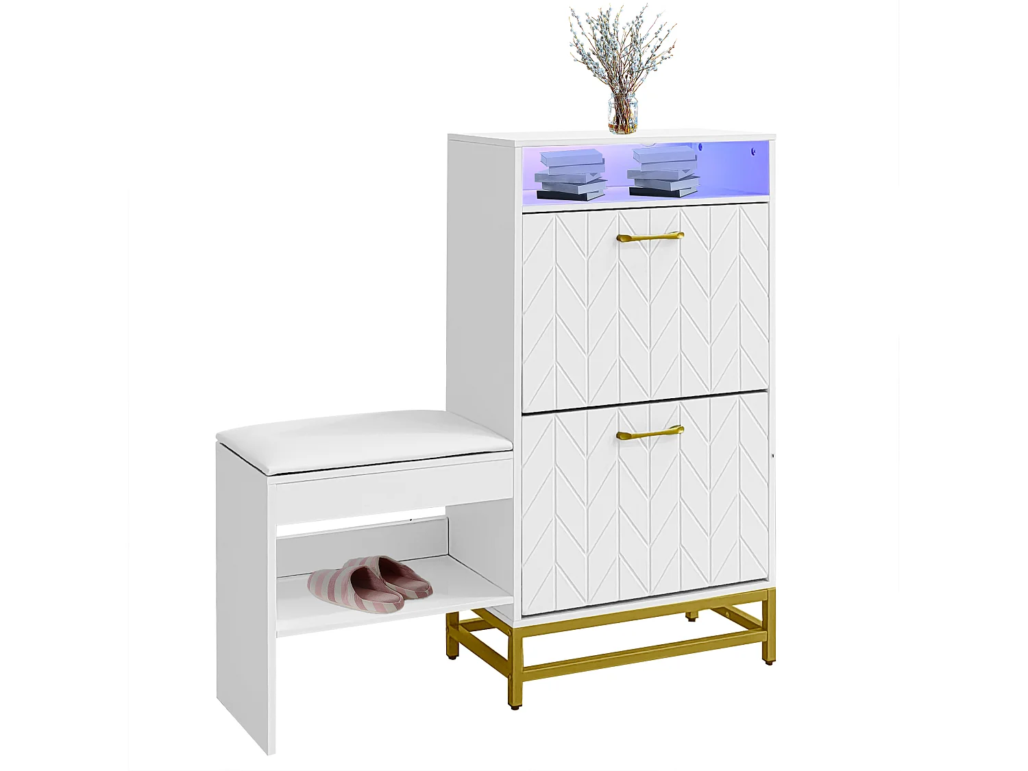 Ławka na buty z 2 wysuwanymi szufladami i 2 wnękami do przechowywania - diody LED - płyta wiórowa - biała