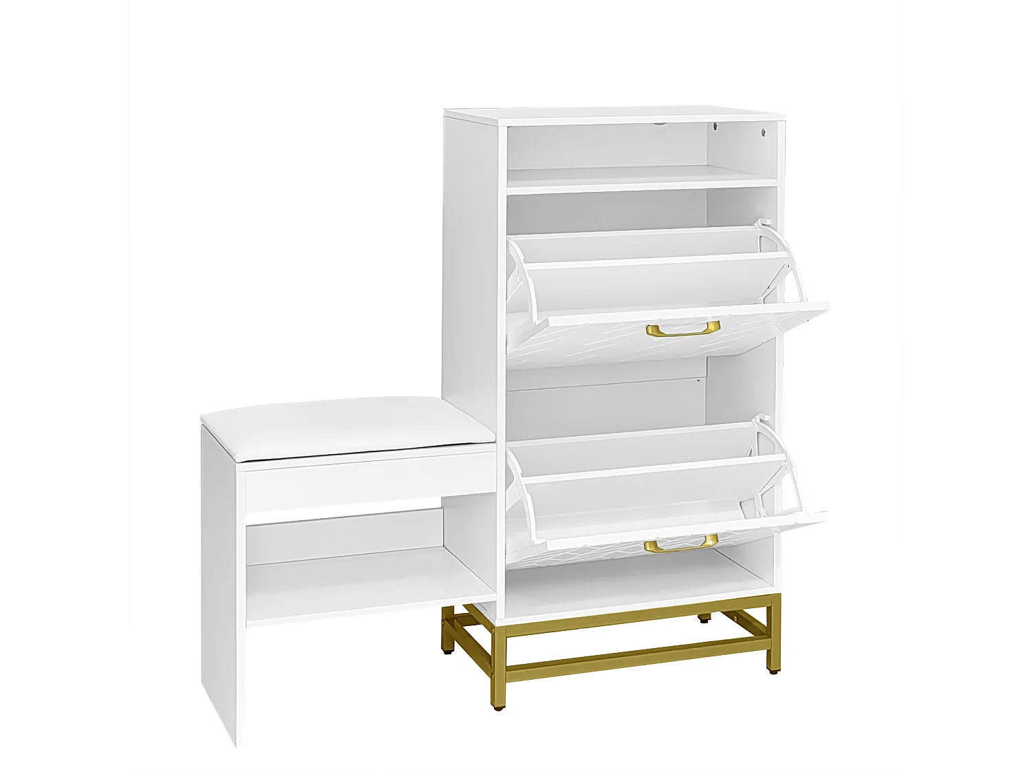 Ławka na buty z 2 wysuwanymi szufladami i 2 wnękami do przechowywania - diody LED - płyta wiórowa - biała