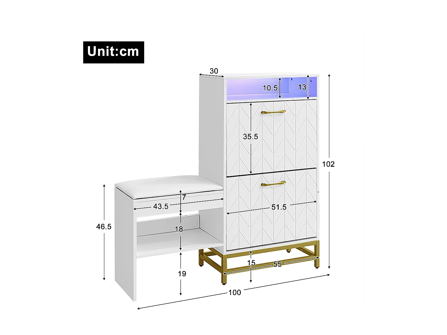 Ławka na buty z 2 wysuwanymi szufladami i 2 wnękami do przechowywania - diody LED - płyta wiórowa - biała