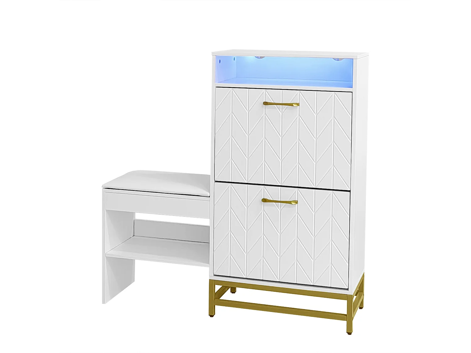 Ławka na buty z 2 wysuwanymi szufladami i 2 wnękami do przechowywania - diody LED - płyta wiórowa - biała