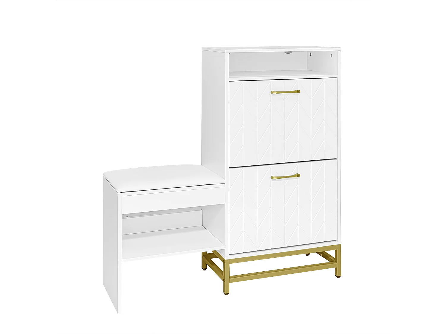 Ławka na buty z 2 wysuwanymi szufladami i 2 wnękami do przechowywania - diody LED - płyta wiórowa - biała