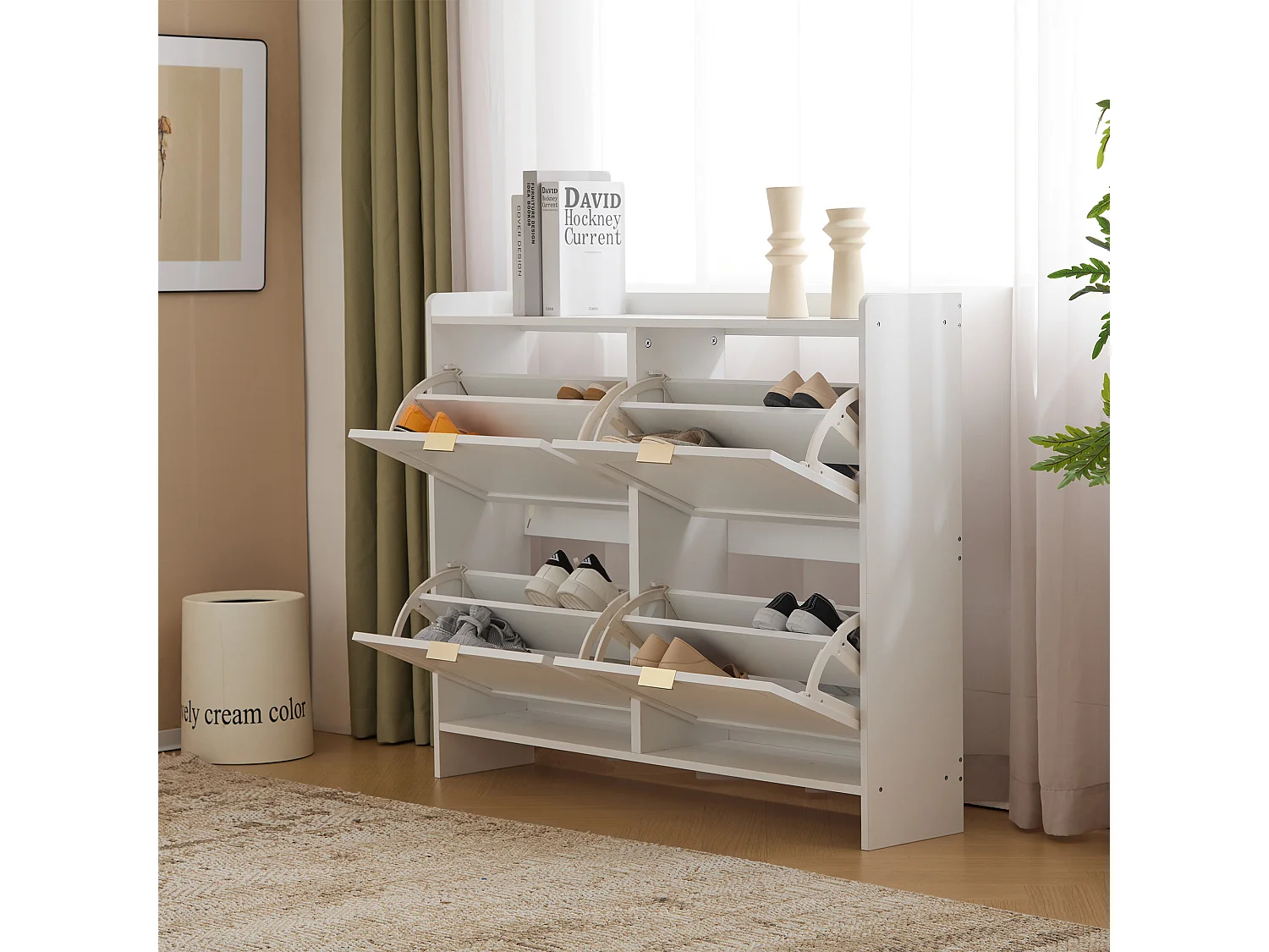 Zapatero moderno con 4 cajones abatibles - 110 x 34 x 90 cm - Tablero de partículas - Blanco