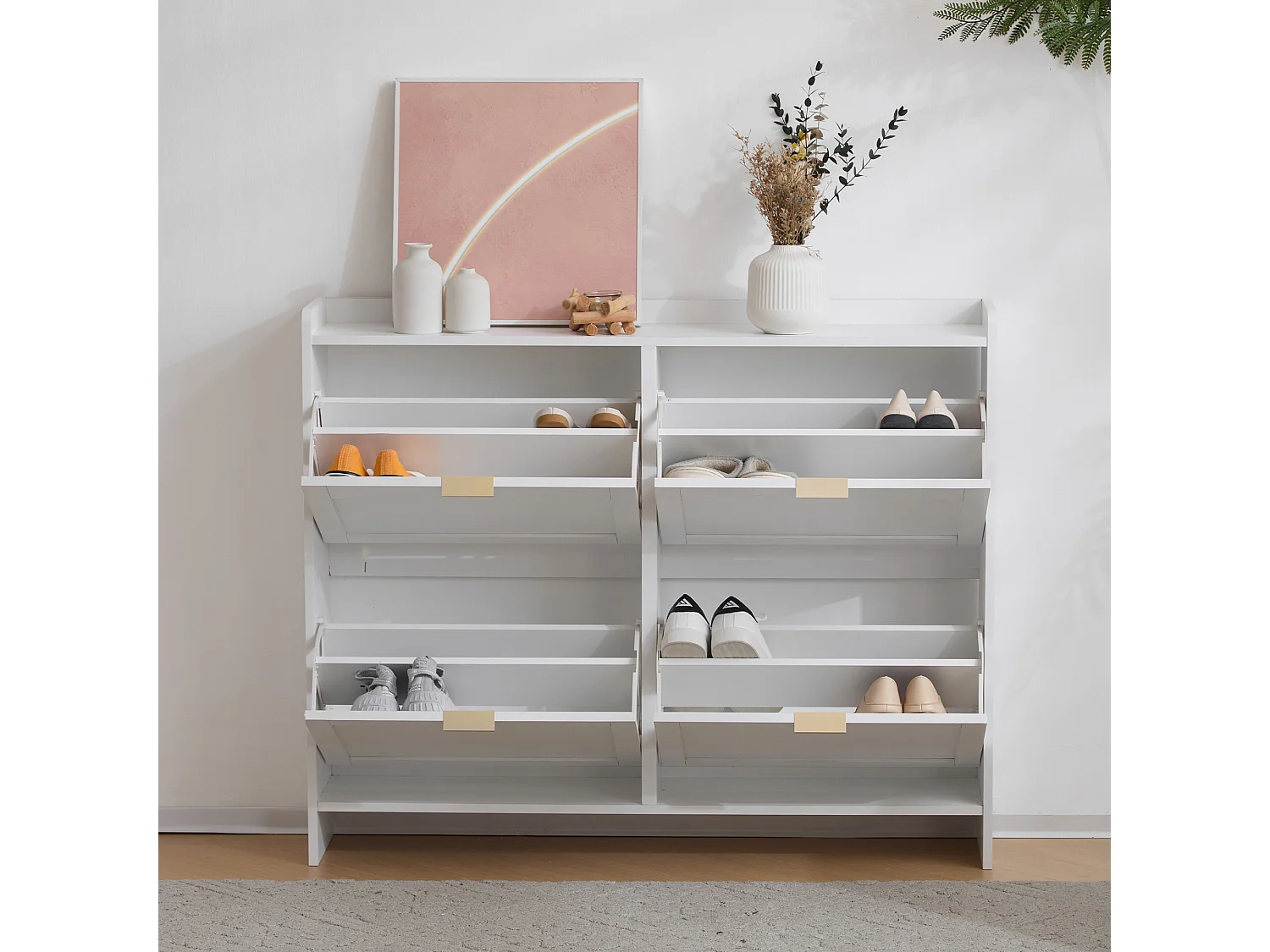 Zapatero moderno con 4 cajones abatibles - 110 x 34 x 90 cm - Tablero de partículas - Blanco