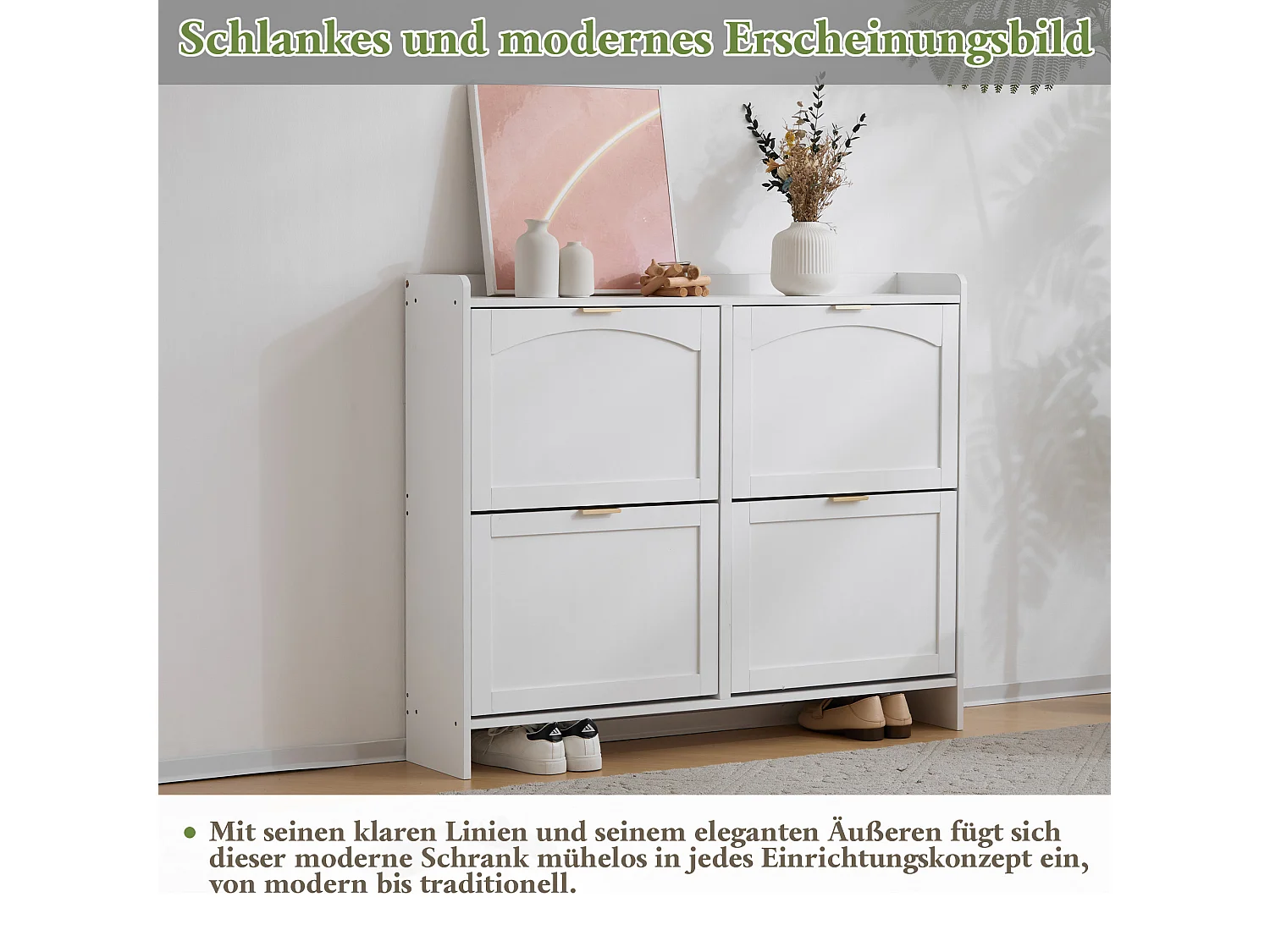 Zapatero moderno con 4 cajones abatibles - 110 x 34 x 90 cm - Tablero de partículas - Blanco