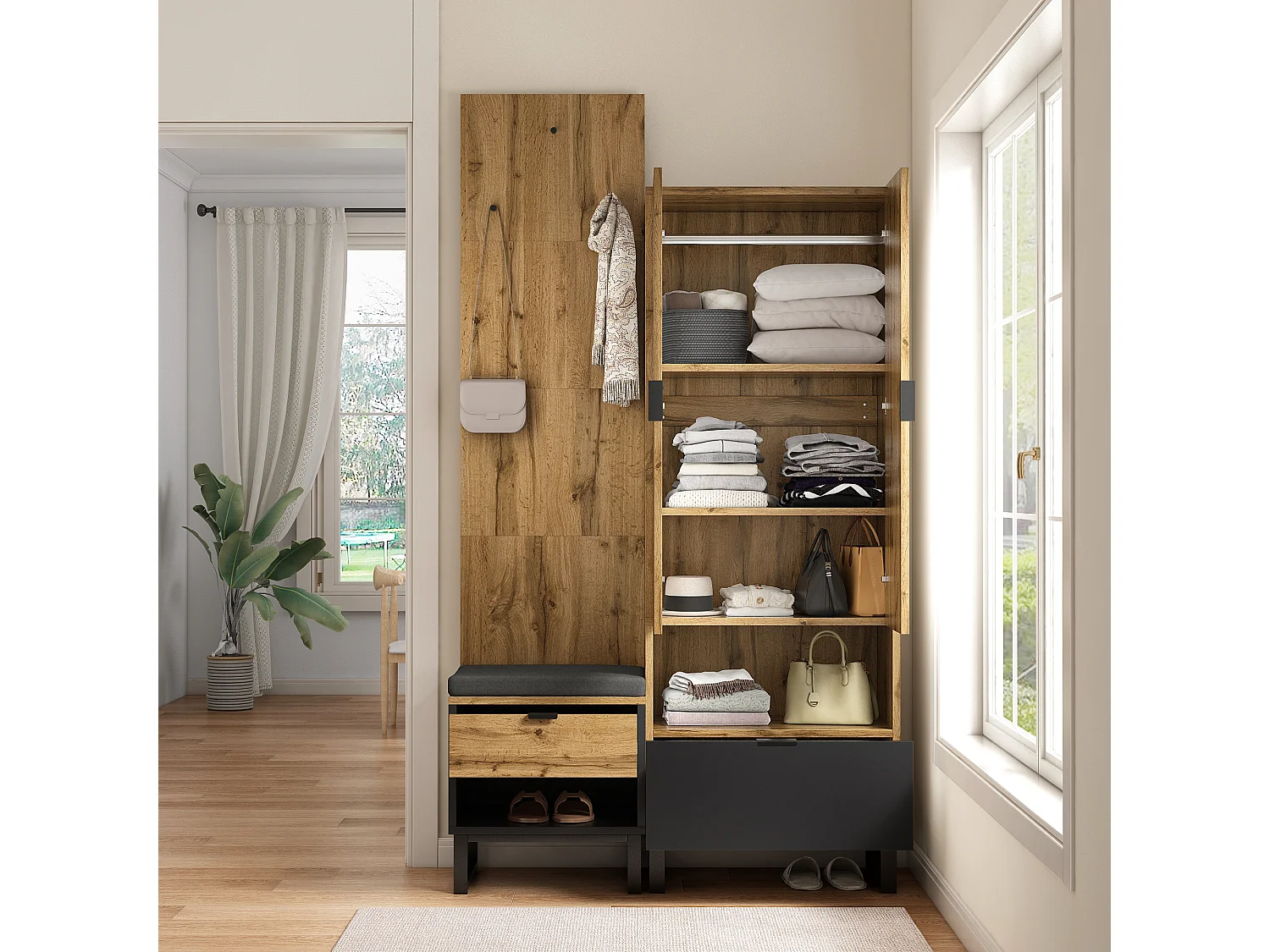 Ensemble meuble d'entrée avec banc à chaussures, vestiaire et porte-manteau - Bois MDF - Naturel