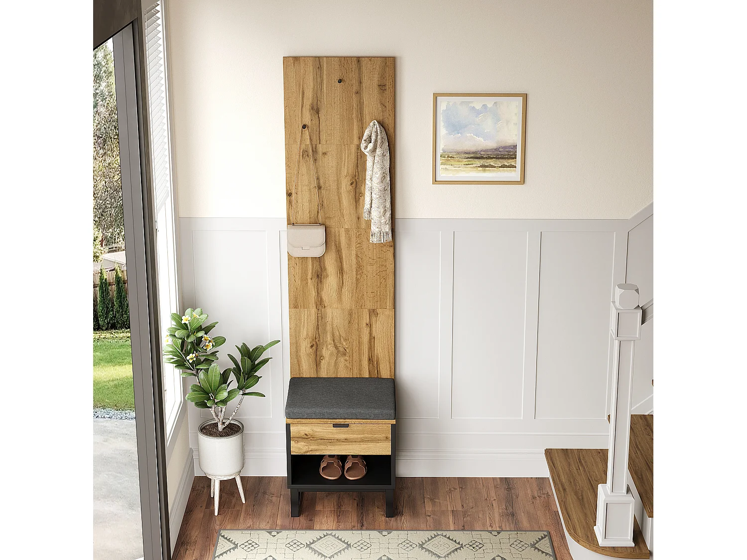 Ensemble meuble d'entrée avec banc à chaussures, vestiaire et porte-manteau - Bois MDF - Naturel