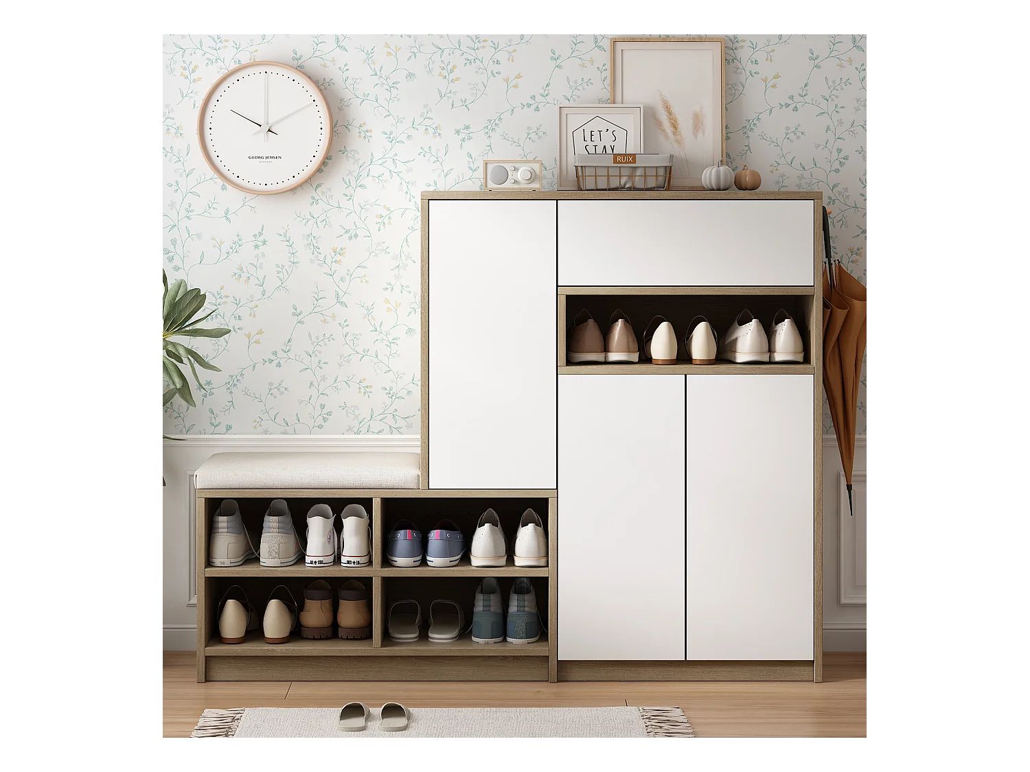 Ensemble meuble à chaussures + banc à chaussures avec coussin - 140 x 35 x 110 cm - Panneaux de particules - Blanc
