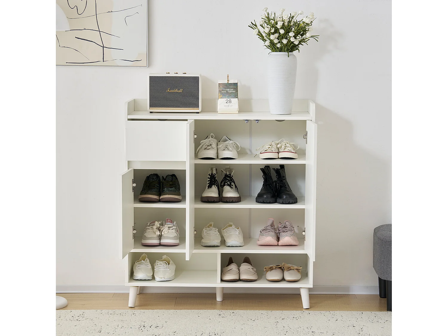 Szafka na buty z 3 drzwiami i 1 szufladą - 99 x 35 x 90 cm - Regulowane półki - Płyta wiórowa - Biała