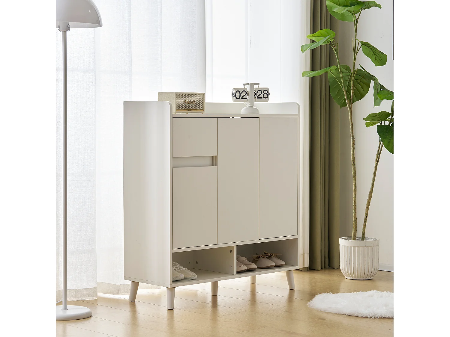 Szafka na buty z 3 drzwiami i 1 szufladą - 99 x 35 x 90 cm - Regulowane półki - Płyta wiórowa - Biała