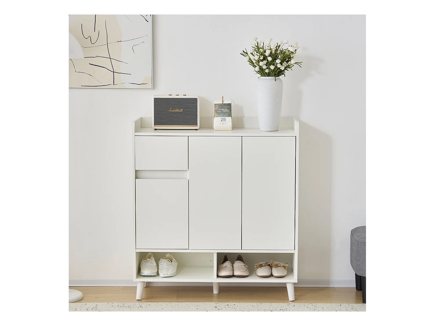 Scarpiera con 3 ante e 1 cassetto - 99 x 35 x 90 cm - Ripiani regolabili - Truciolare - Bianco