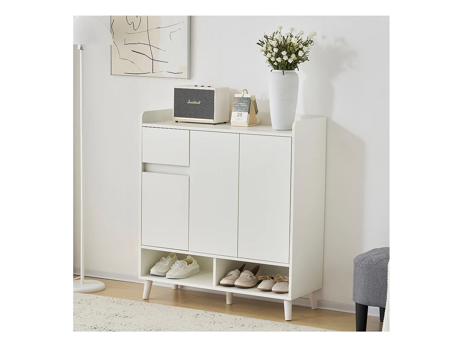 Scarpiera con 3 ante e 1 cassetto - 99 x 35 x 90 cm - Ripiani regolabili - Truciolare - Bianco