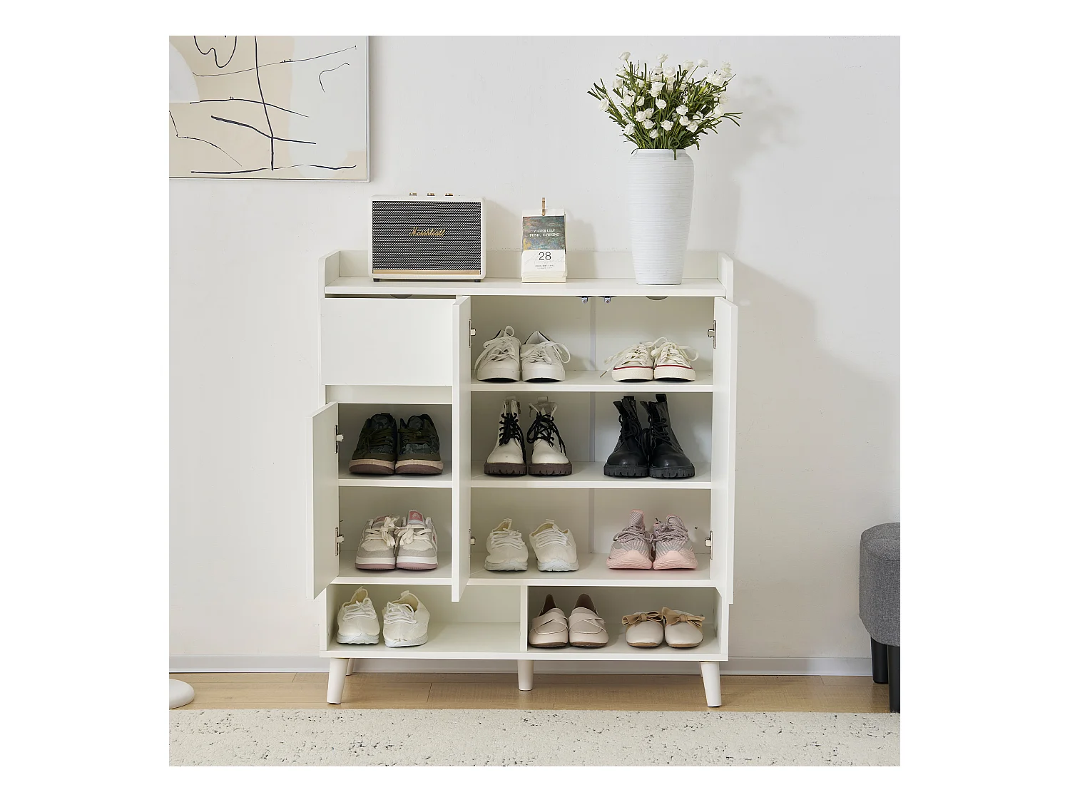 Scarpiera con 3 ante e 1 cassetto - 99 x 35 x 90 cm - Ripiani regolabili - Truciolare - Bianco