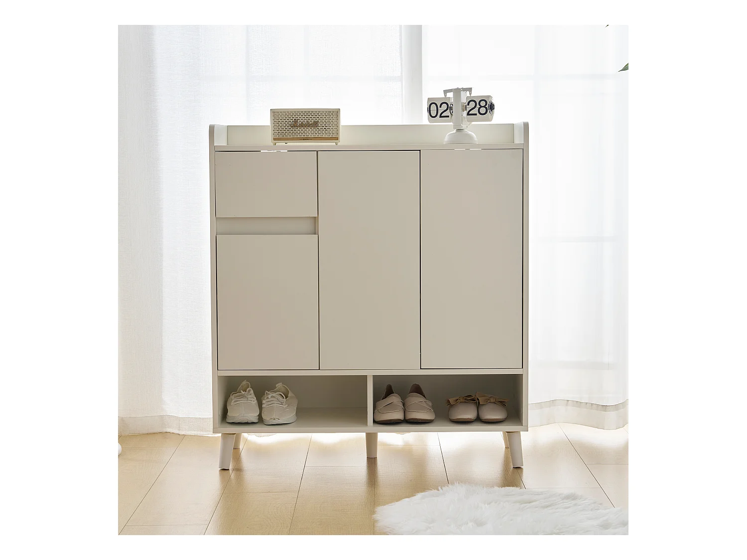 Scarpiera con 3 ante e 1 cassetto - 99 x 35 x 90 cm - Ripiani regolabili - Truciolare - Bianco