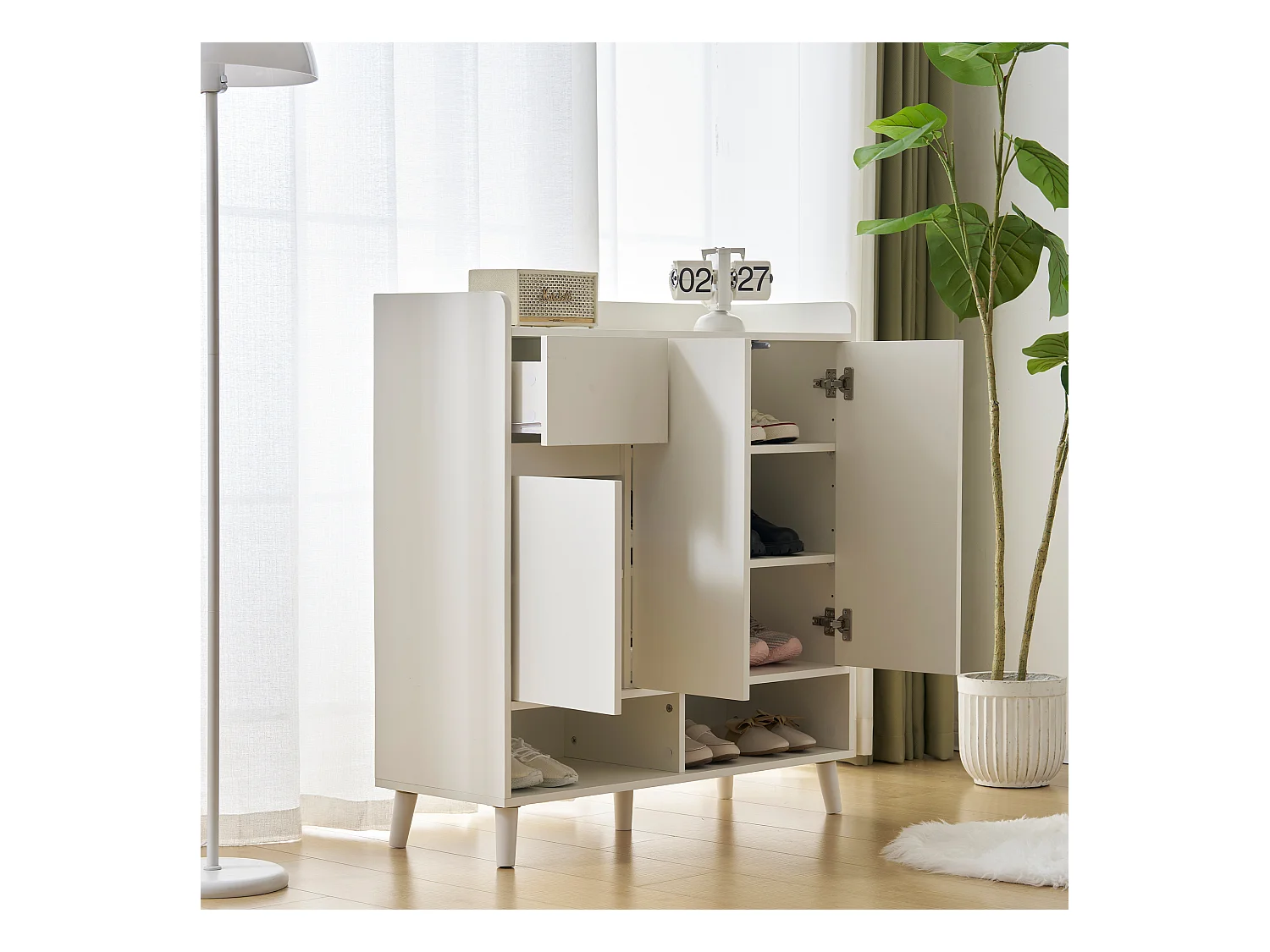 Scarpiera con 3 ante e 1 cassetto - 99 x 35 x 90 cm - Ripiani regolabili - Truciolare - Bianco