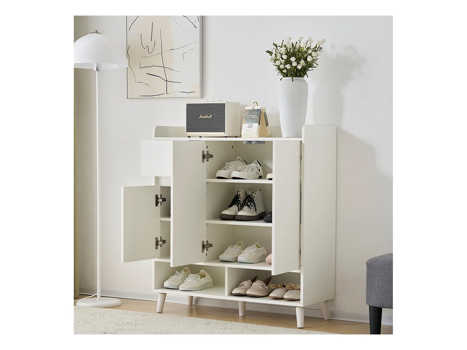 Scarpiera con 3 ante e 1 cassetto - 99 x 35 x 90 cm - Ripiani regolabili - Truciolare - Bianco