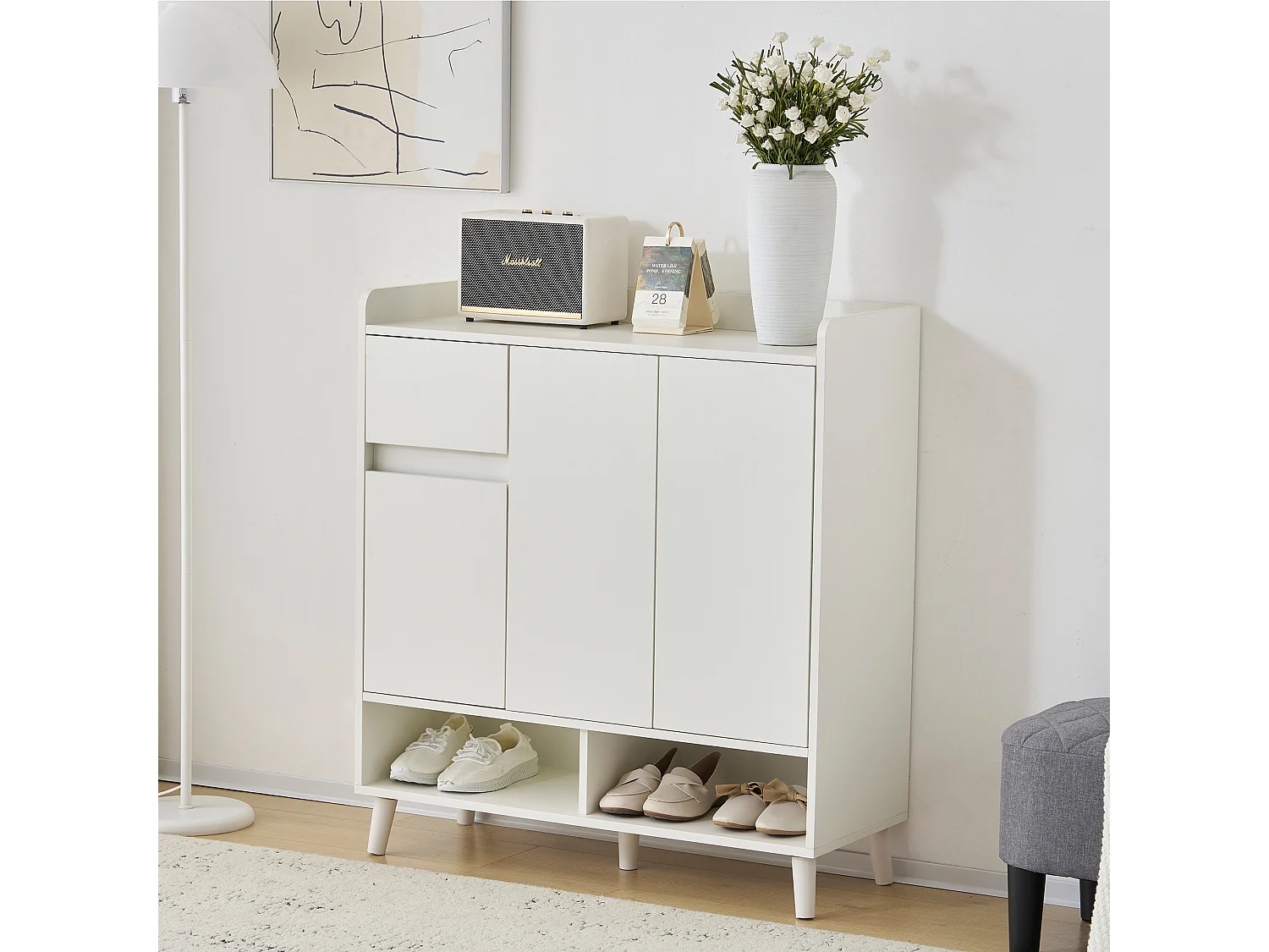 Meuble à chaussures avec 3 portes et 1 tiroir - 99 x 35 x 90 cm - Etagères réglables - Panneau de particules - Blanc