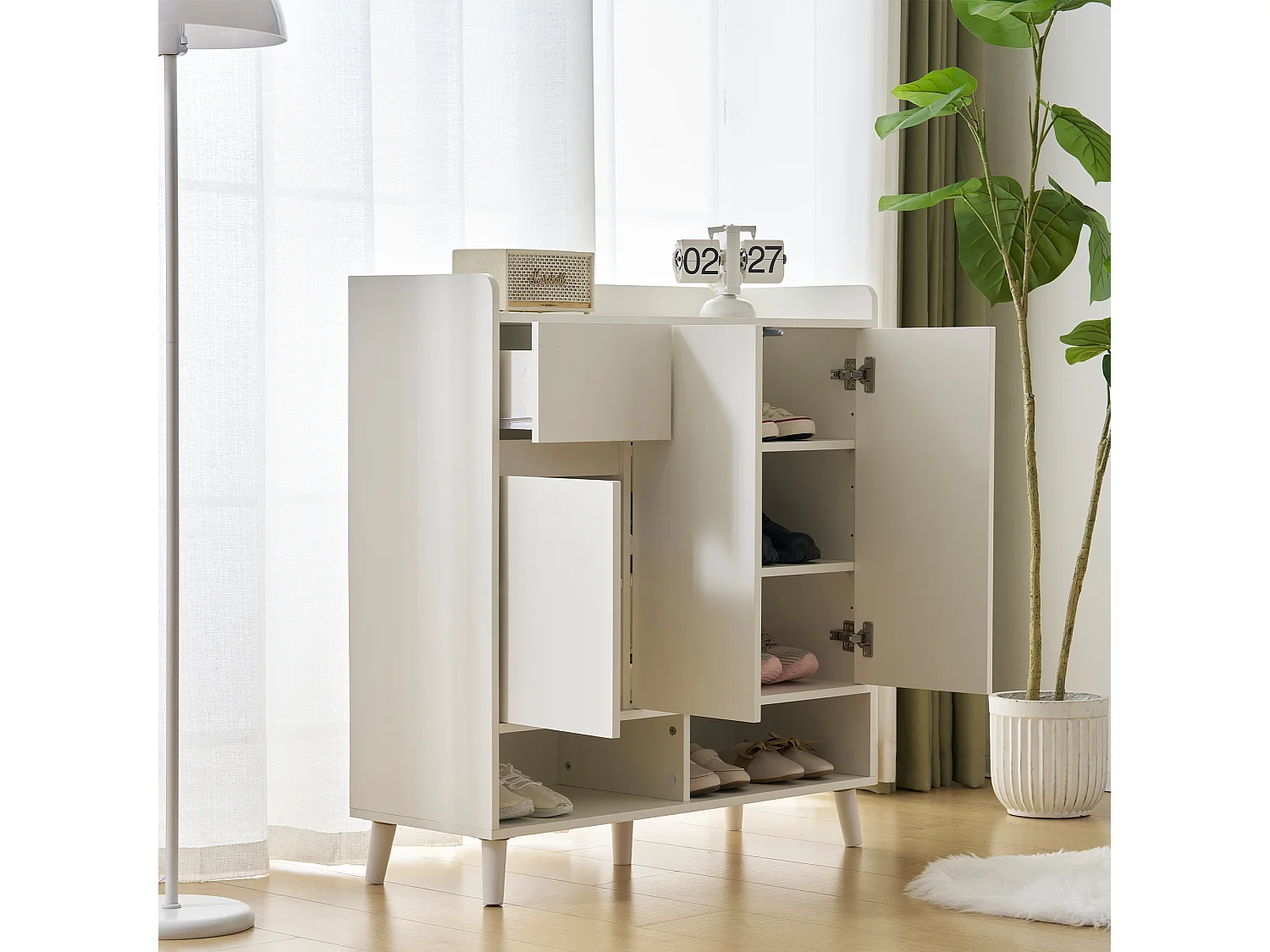 Meuble à chaussures avec 3 portes et 1 tiroir - 99 x 35 x 90 cm - Etagères réglables - Panneau de particules - Blanc