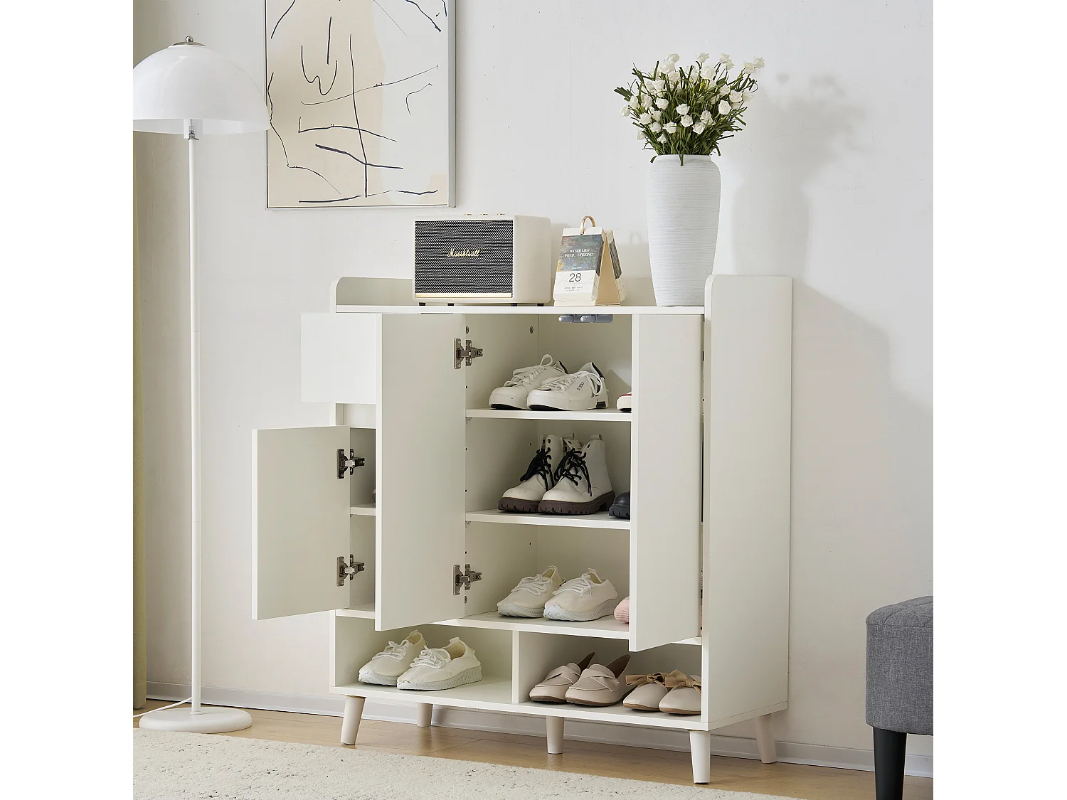 Meuble à chaussures avec 3 portes et 1 tiroir - 99 x 35 x 90 cm - Etagères réglables - Panneau de particules - Blanc