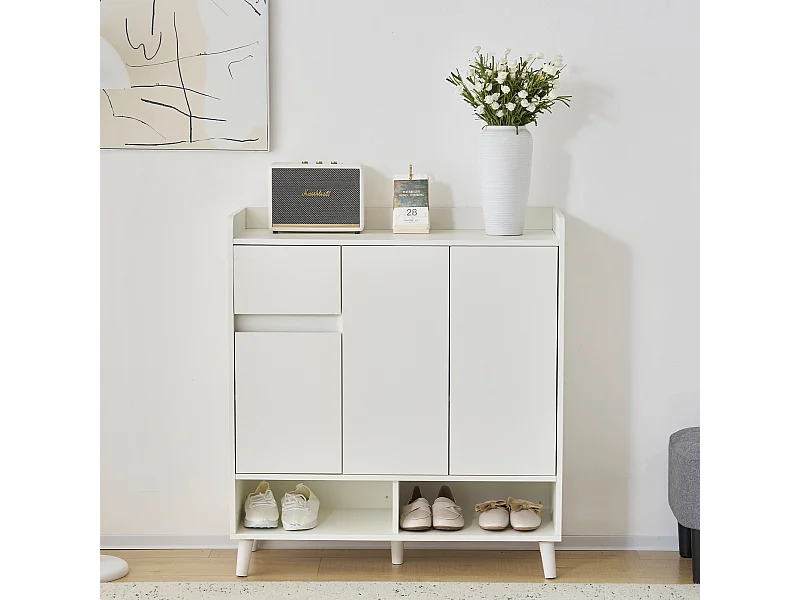 Meuble à chaussures avec 3 portes et 1 tiroir - 99 x 35 x 90 cm - Etagères réglables - Panneau de particules - Blanc