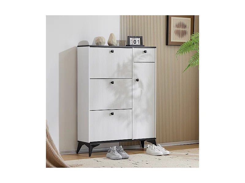 Schuhschrank mit 3 Klappen, 1 Schublade und 1 Tür – 90 x 25 x 121 cm – Spanplatte und Metall – Weiß